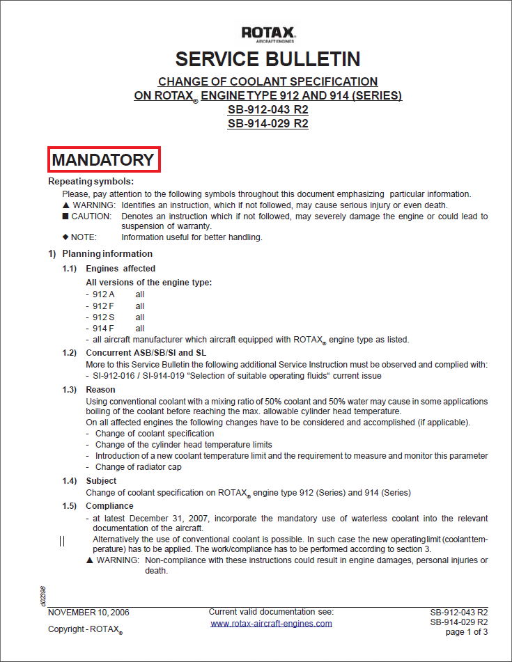 Rotax Service Bulletin Change of Coolant Spec