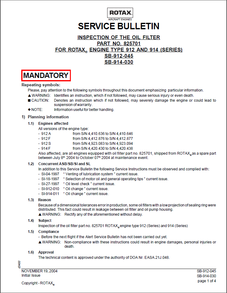 Rotax Service Bulletin Oil Filter Inspection
