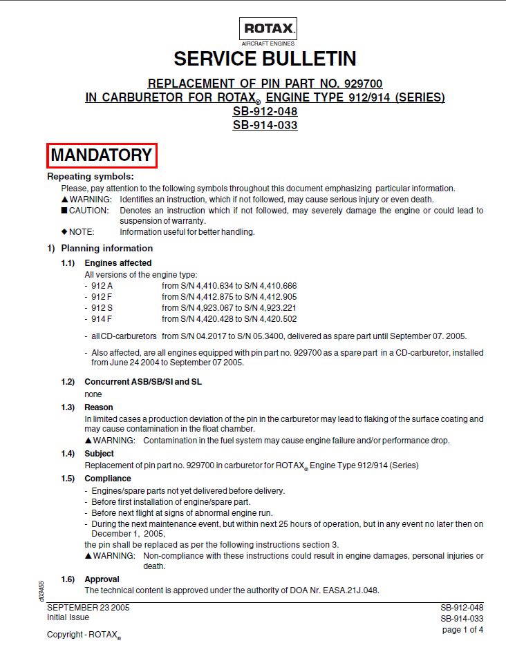 Rotax Service Bulletin Replacement of Carburetor Pin