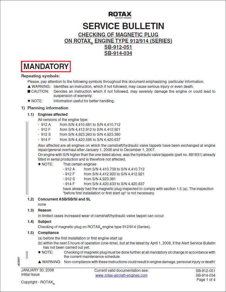 Rotax Service Bulletin Magnetic Plug Check