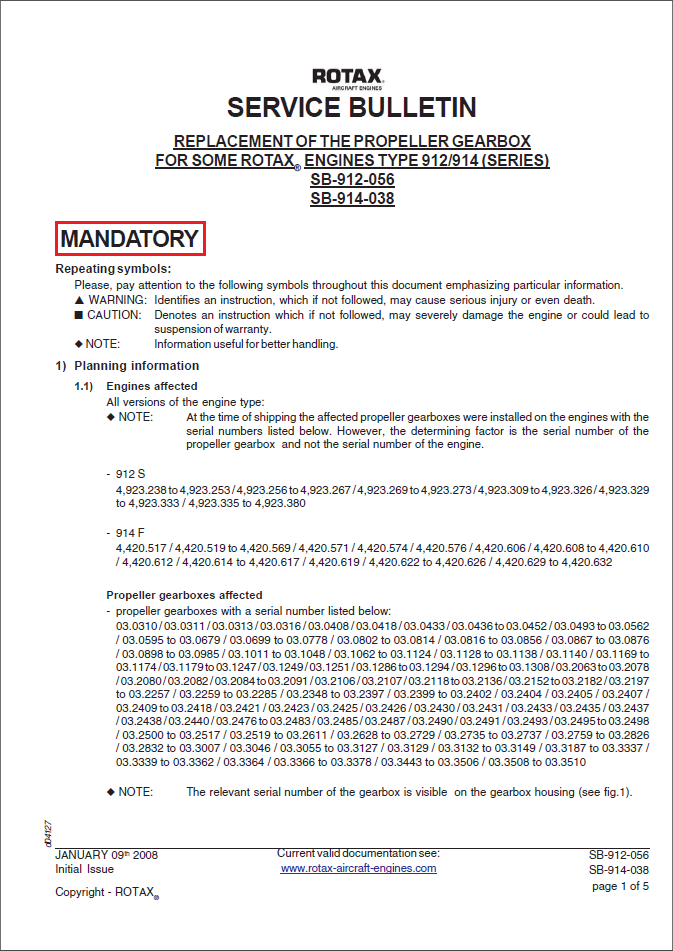 Rotax Service Bulletin Gearbox Replacement