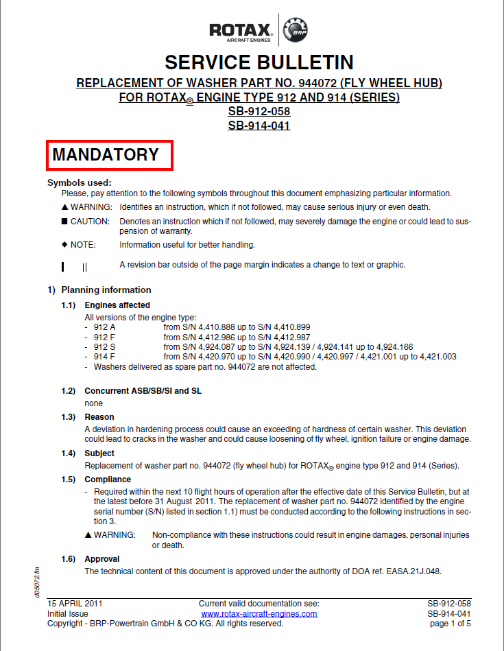 Rotax Service Bulletin Washer Replacement