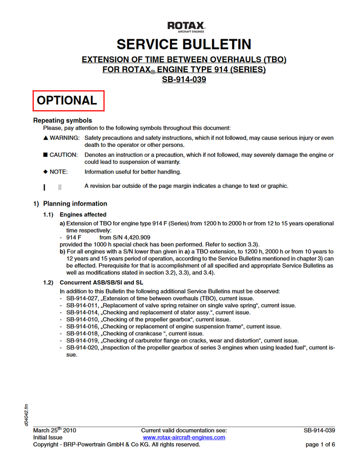 Rotax Service Bulletin TBO Extension Stemme USA