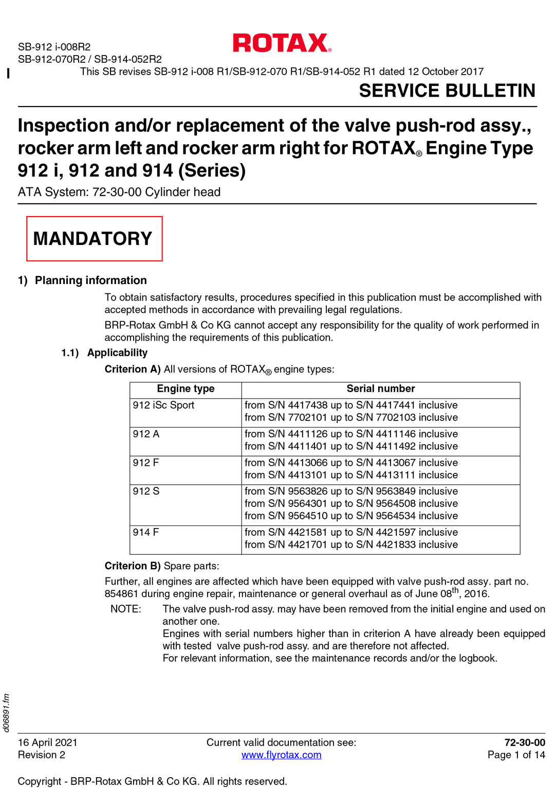 Rotax Service Bulletin Push Rod Replacement