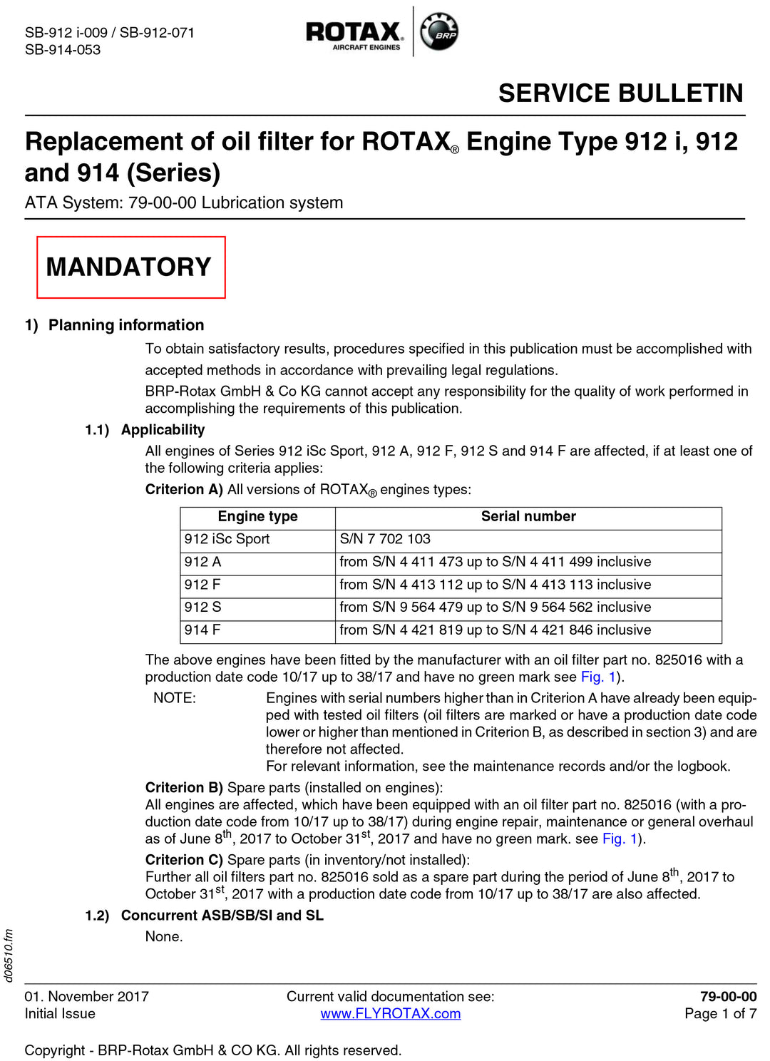 Rotax Service Bulletin Oil Filter