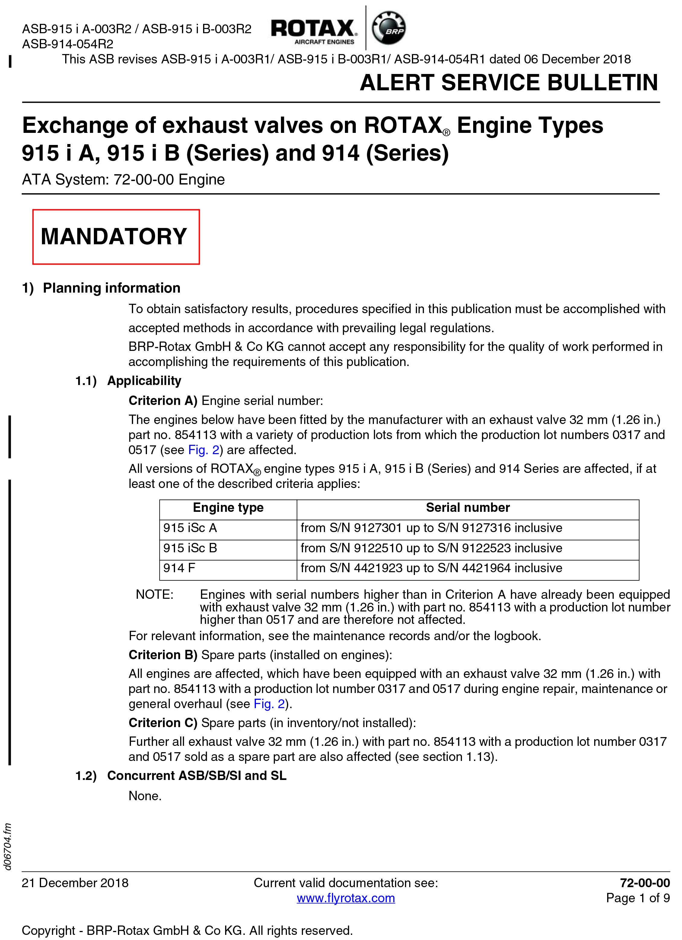 Rotax Service Bulletin Exhaust Valve Exchange Stemme USA