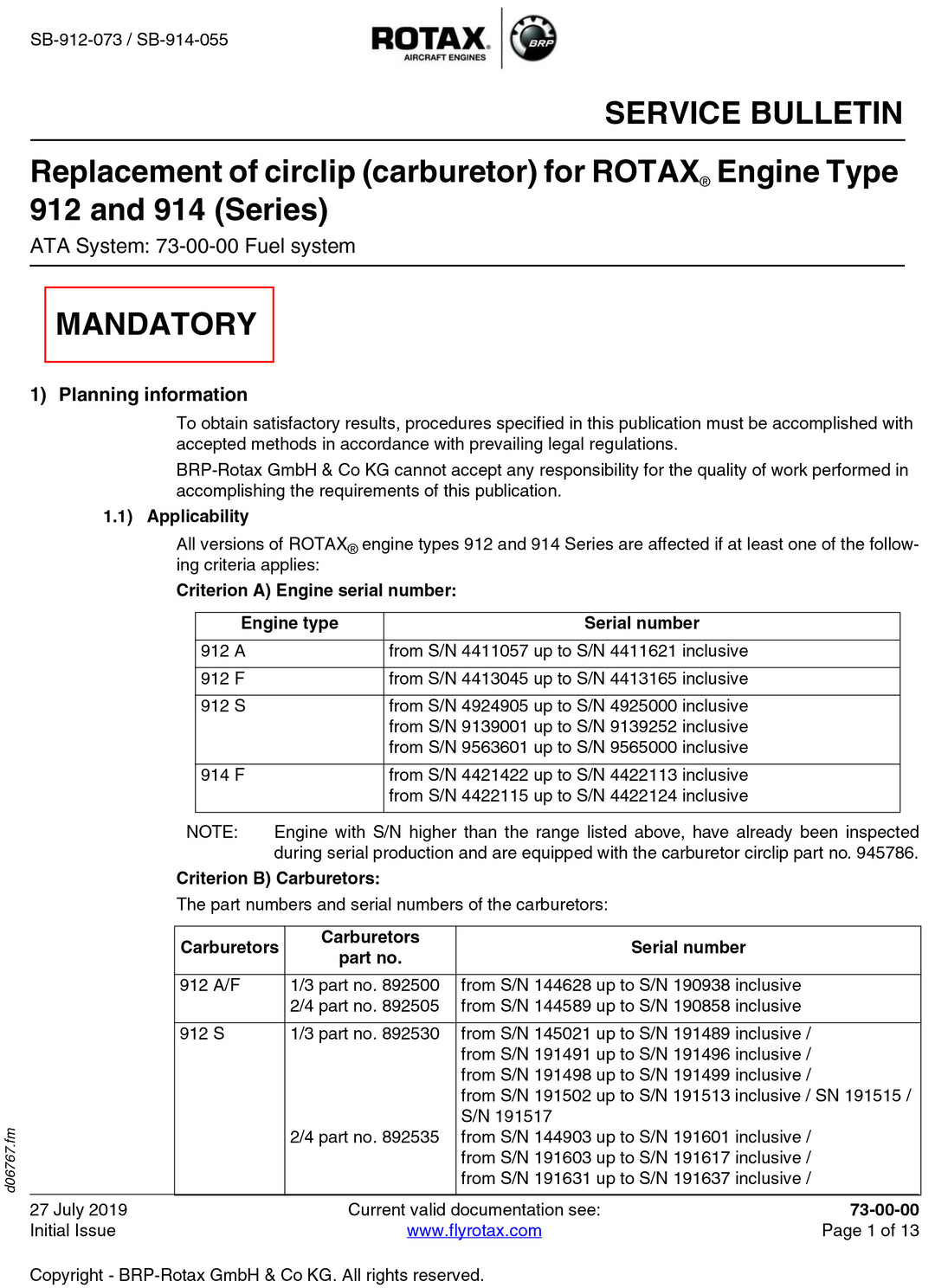 Rotax Service Bulletin Carburetor Circlip