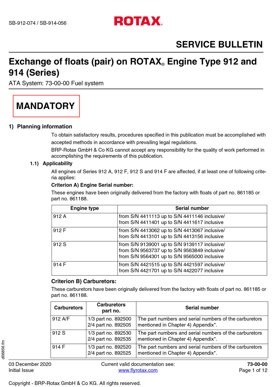 Rotax Service Bulletin Exchange of Floats